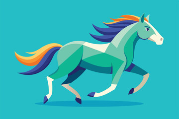 Poster - A stylized illustration depicts a horse sprinting with detailed geometric shapes and colorful mane, Running horse Customizable Flat Illustration