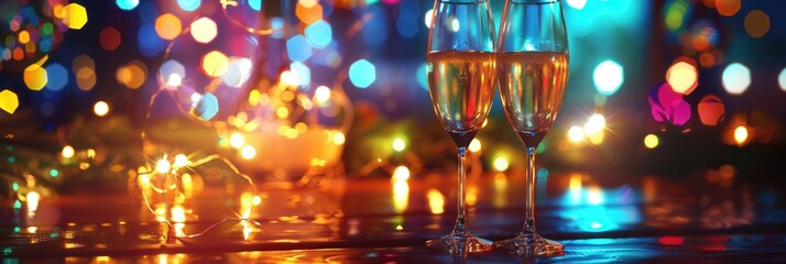 Poster - Celebrate with sparkling champagne glasses at a lively party featuring bright lights and festive decorations for joyous gatherings