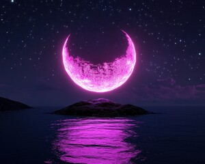 Wall Mural - a surreal floating island between two celestial bodies, full moon radiating data streams, crescent m