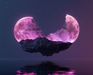 Wall Mural - a surreal floating island between two celestial bodies, full moon radiating data streams, crescent m