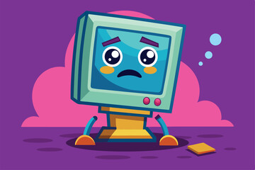 Aufkleber - a cartoon computer monitor displays sadness with tears and a worried expression against a vibrant ba