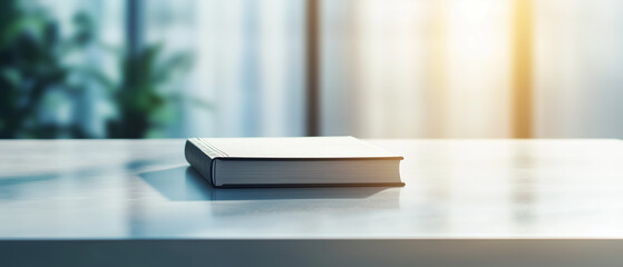 Poster - modern minimalist office with single book on sleek desk, bathed in warm sunlight. serene atmosphere is enhanced by blurred greenery in background, creating peaceful workspace