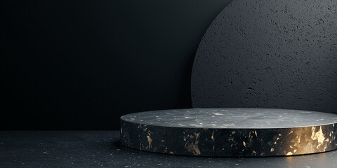 Poster - sleek, minimal luxury background featuring round, textured stone platform against dark, elegant backdrop. scene exudes sophistication and modernity, ideal for showcasing products