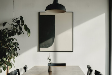 Poster - minimalist dining room with wooden table, black chairs, and modern abstract painting on wall, illuminated by natural light