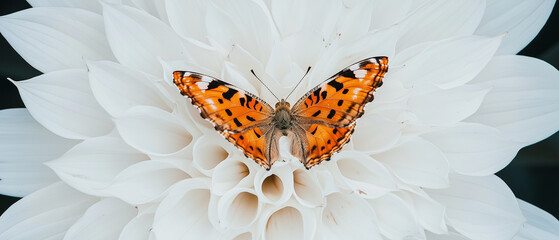 Poster - vibrant butterfly with orange and black wings rests gracefully on large white flower, showcasing nature delicate beauty