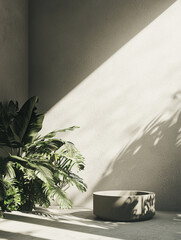 Poster - serene garden scene with sunlight casting shadows on minimalist concrete planter and lush green plants