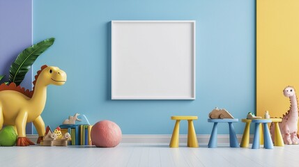 Poster - A room with a white frame and a dinosaur and a dinosaur toy