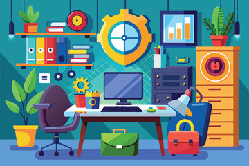 Poster - A bright office environment showcases organized desks, plants, and essential safety equipment for protection, Safety and protection at office,