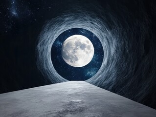 a time-travel portal appearing between a luminous full moon and a distorted crescent moon, constella