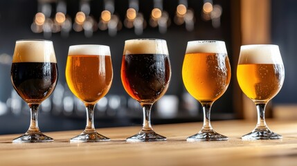 Aufkleber - A row of five glasses of beer on a bar counter