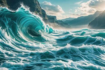 Poster - Vibrant Teal Wave Landscape for Engaging Background Design
