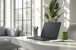 © muhammadarslan - Modern office interior with laptop, modern office interior with table, Minimalist home office with a laptop, notebook, and green smoothie on a desk, accented by a cactus plant, white walls