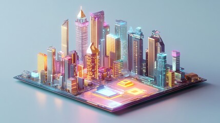 Poster - Futuristic Cityscape Integrated on Computer Chip - Technological Advancement