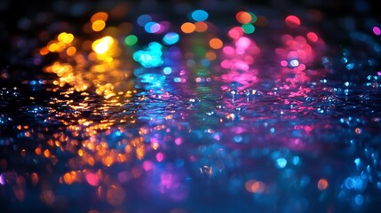 Wall Mural - Illuminated reflections of colorful lights on rippling surface create abstract imagery