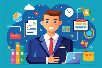 Poster - a sales consultant works on personalized strategies using a laptop, surrounded by business graphics 