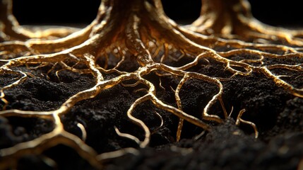 Poster - The roots of a tree are shown in gold, with the soil and dirt surrounding them