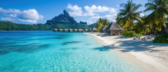Poster - A beautiful beach with palm trees and a clear blue ocean