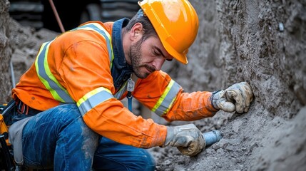 Poster - A man in an orange shirt and safety gear is working on a pipe