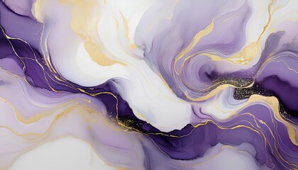 Fototapete - Marble texture with elegant purple-white and gold veins. Abstract liquid background in lavender and white. 