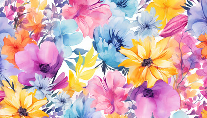 Fototapete - Vibrant and colorful illustration of various flowers, including blue, orange, and yellow blooms on white background.