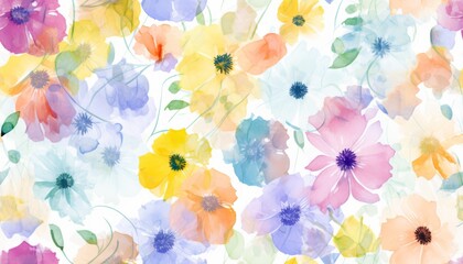 Fototapete - Vibrant and colorful illustration of various flowers, including blue, orange, and yellow blooms on white background.