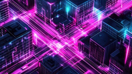Poster - Neon Cityscape: A futuristic digital metropolis glowing with vibrant pink and blue lights, showcasing a network of interconnected buildings and streets.