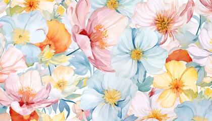 Fototapete - Vibrant and colorful illustration of various flowers, including blue, orange, and yellow blooms on white background.