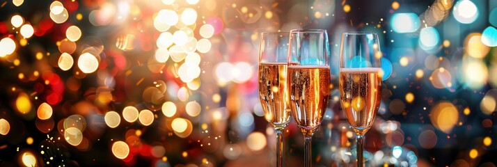 Poster - Festive celebration with champagne glasses sparkling under bright lights at an elegant party atmosphere