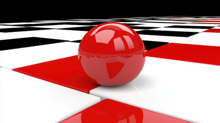 Poster - Shiny Red Sphere on Checkerboard Pattern with Black and White Tiles in Abstract Composition