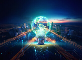 Poster - double exposure artfully blends a globe-textured light bulb and a night cityscape. rays of light ema