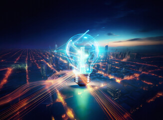 Poster - double exposure art of a bright light bulb overlaying a vibrant cityscape at night. energy beams rad