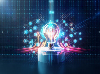 Poster - double exposure image of a light bulb with glowing digital elements and arrows. futuristic technolog