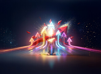 Poster - vibrant arrows ascend with double exposure effect against a dark backdrop, radiating light and energ