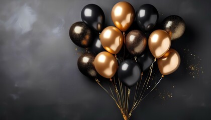 Poster - Black and gold balloons on a dark background with copy space to add text and design. Sparkling elegance balloons.