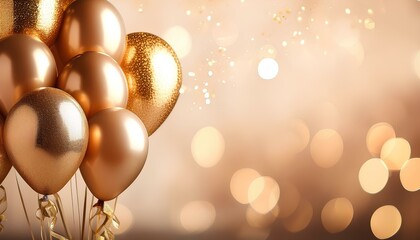 Poster - Golden balloons on bokeh background with copy space. Golden balloons for festive celebration decorations.