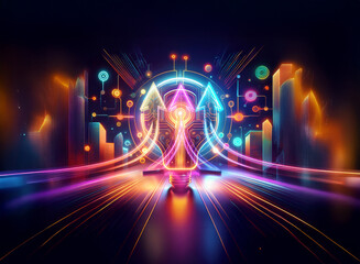 Aufkleber - abstract futuristic cityscape with glowing neon lights and upward arrows in double exposure effect. 