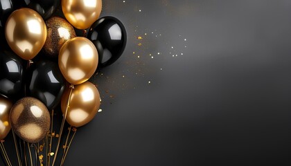 Poster - Sparkling elegance balloons. Black and gold balloons on a dark background with copy space.