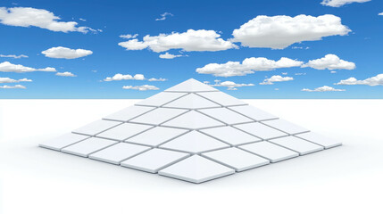Poster - White Pyramid Structure with Bright Sky and Clouds in Clean Minimalist Environment