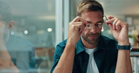 Poster - Office, vision and man with ideas, smile and planning for creative problem solving or choice. Startup, glass reflection and web designer daydreaming for business growth, inspiration or opportunity