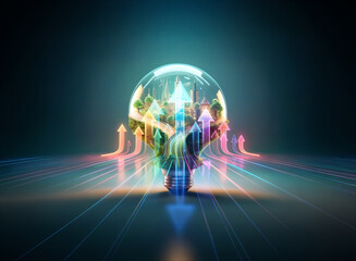 Aufkleber - vibrant double exposure image of a glowing bulb form. arrows flow in and out suggesting ideas, growt