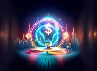 Wall Mural - double exposure image of a neon light bulb with a dollar sign, set on a stage with cityscapes. vibra