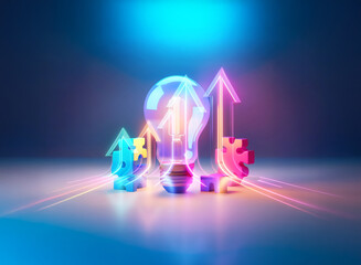 Poster - vibrant double exposure art with a luminous light bulb, upward arrows, and gears, set against a back