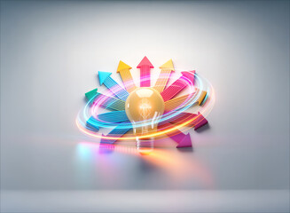 Poster - bright light bulb radiates ideas as colorful arrows in double exposure style. swirling lights sugges
