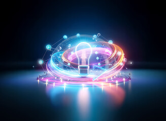 Aufkleber - glowing light bulb with double exposure effect, surrounded by vibrant energy swirls and interconnect