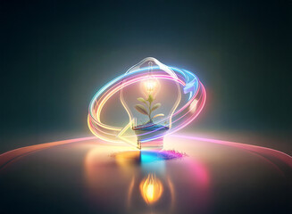 Poster - glowing rings encircle a lightbulb shape with a plant inside, creating a double exposure effect. ill