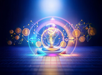 Poster - futuristic double exposure digital art presents a glowing lightbulb and dollar symbol with neon netw