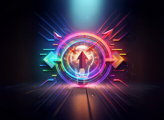 Aufkleber - abstract double exposure art featuring a neon lightbulb and upward arrow in a circle, radiating brig