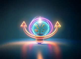 Aufkleber - glowing plant within a lightbulb, circled by neon arrows, uses a double exposure style to symbolize 