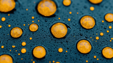Poster - Water droplets with vibrant orange specks on a dark blue background creating artistic pattern