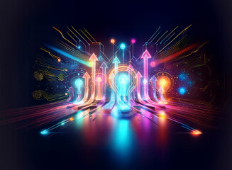 Poster - vibrant double exposure of glowing arrows ascend dynamically against a dark backdrop, evoking digita